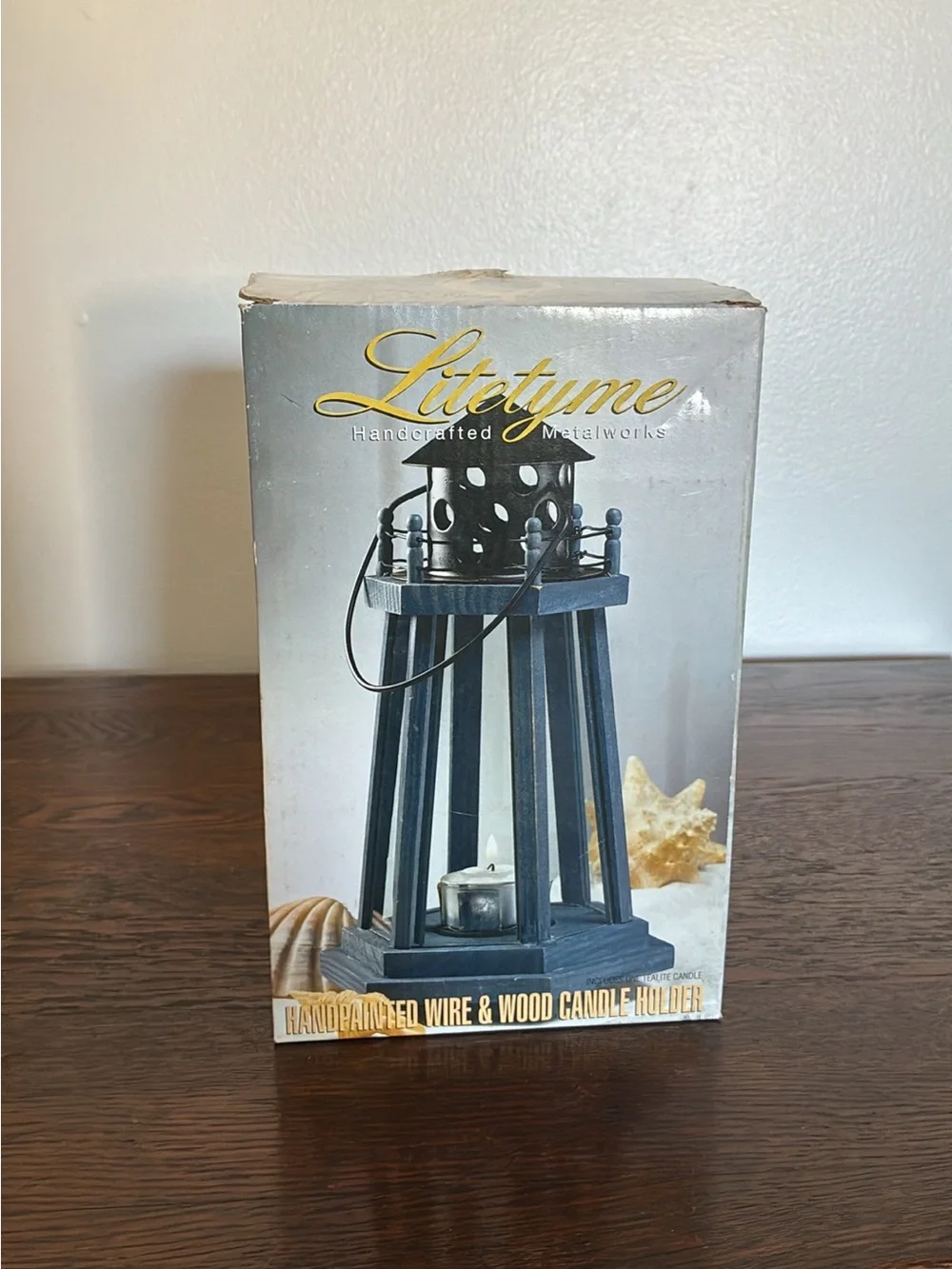 BNIB- Hand Painted- Blue Wood & Wire Lighthouse Candle Holder